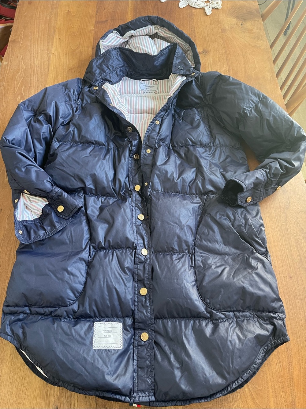 Thom Browne Thin Navy Puffer Coat with Hood anchor gold button eu42 us 6